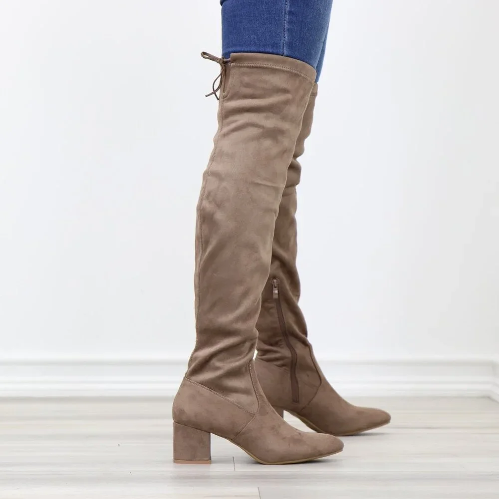Taupe Over-the-Knee Boots Faux Suede Low Block Heel Tie Back
